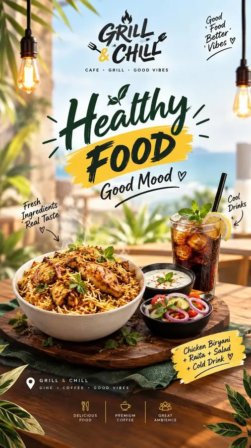 Grill & Chill café poster with a healthy biryani bowl, a cold drink and a sunny terrace background.