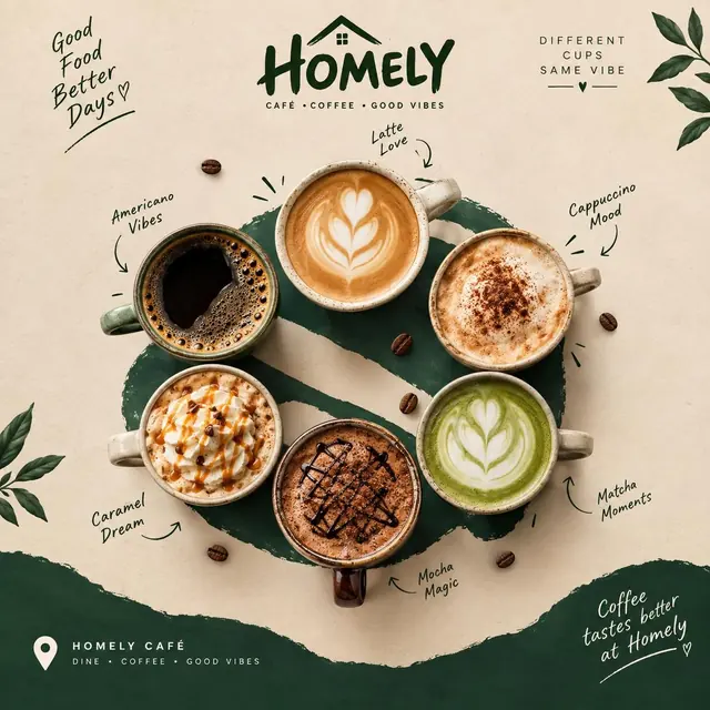 Top-view flat-lay of five coffee cups (latte, cappuccino, americano, mocha, matcha) on a green paper cut-out.