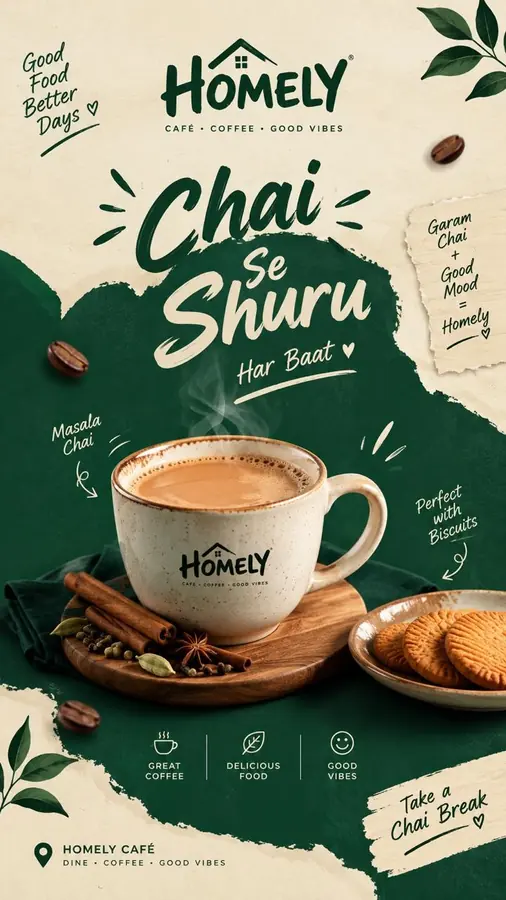 Chai poster for Homely Café: a steaming cup of masala chai with biscuits and spices on a dark green layout.