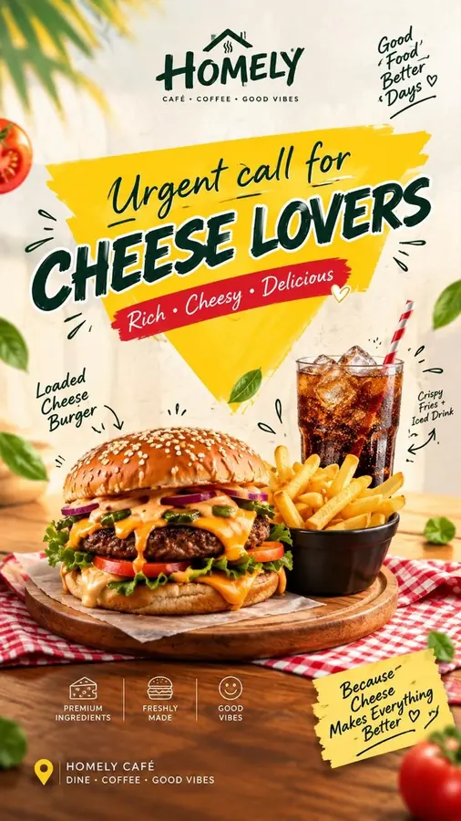 Burger promo poster for Homely Café: a loaded cheese burger with fries and cola on a checkered cloth with a yellow banner.