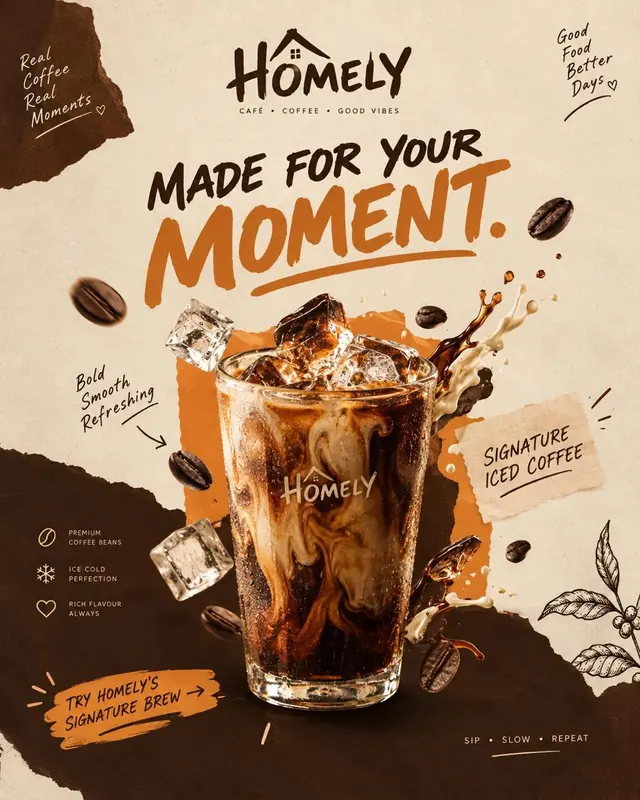 Iced coffee poster for Homely Café with a swirling cold brew glass, ice cubes, coffee beans and torn-paper layers.