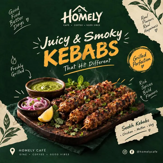 Kebab poster for Homely Café: grilled seekh kebabs on a wooden board with chutney and onion salad on deep green.
