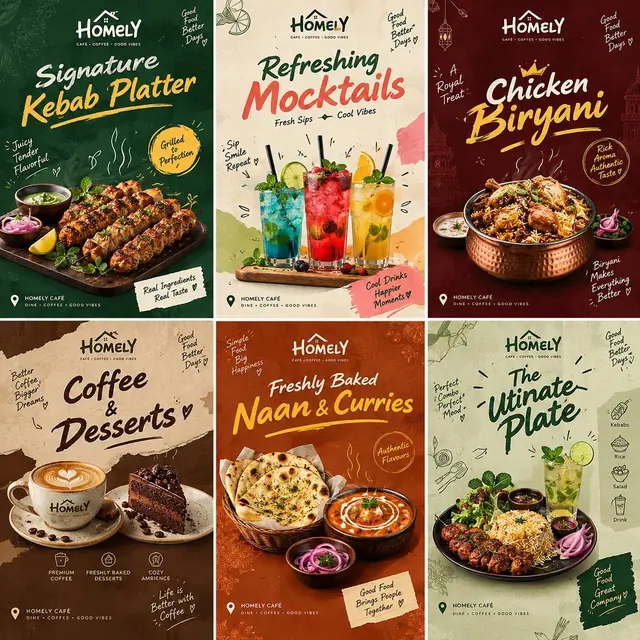 A set of six Homely Café menu posters: kebab platter, mocktails, chicken biryani, coffee and desserts, naan and curries, ultimate plate.