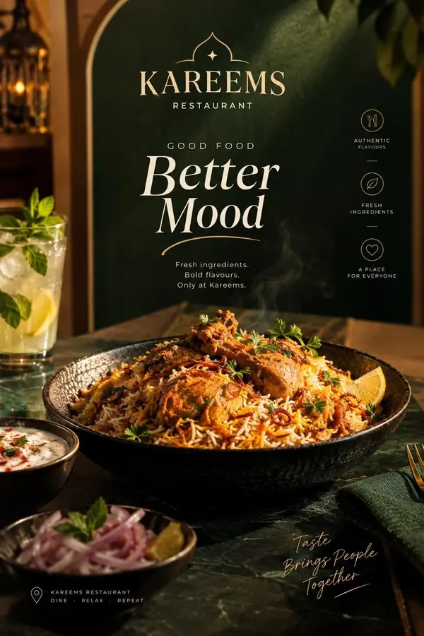 Kareems restaurant poster: a bowl of chicken biryani with raita, onions and a mint lemonade on dark green marble.