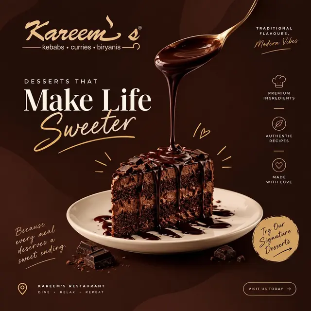Kareem’s dessert poster: a spoon drizzling glossy chocolate sauce over a layered chocolate cake slice on a deep brown background.