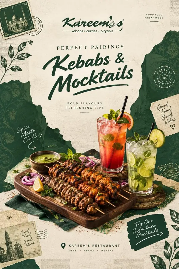 Kareem’s restaurant poster pairing seekh kebabs with colourful mocktails on a green torn-paper layout.