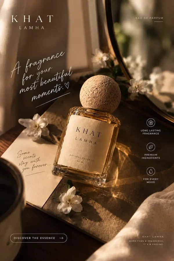 Khat Lamha perfume ad: an amber bottle on a table with jasmine flowers, a round mirror and warm window light.