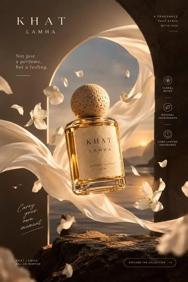 Khat Lamha perfume ad: a floating amber bottle with flowing silk and falling petals in a sunset stone arch.