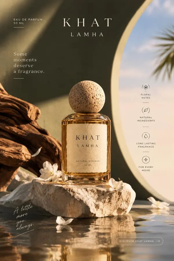 Khat Lamha perfume ad: an amber bottle with a stone cap on a rock podium with white flowers, reflected in water.