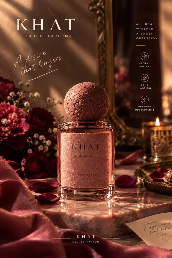 Perfume ad poster for Khat Eau de Parfum: a rose-toned bottle on marble with red roses, candlelight and a mirror.