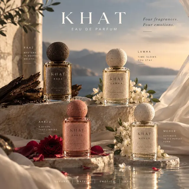 Khat Eau de Parfum brand visual showing four bottles on stone plinths with flowers and a sea-view backdrop.