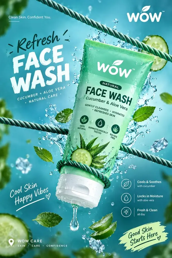 Cucumber and aloe vera face wash ad: a mint tube wrapped in rope, surrounded by water splashes, ice and cucumber slices.