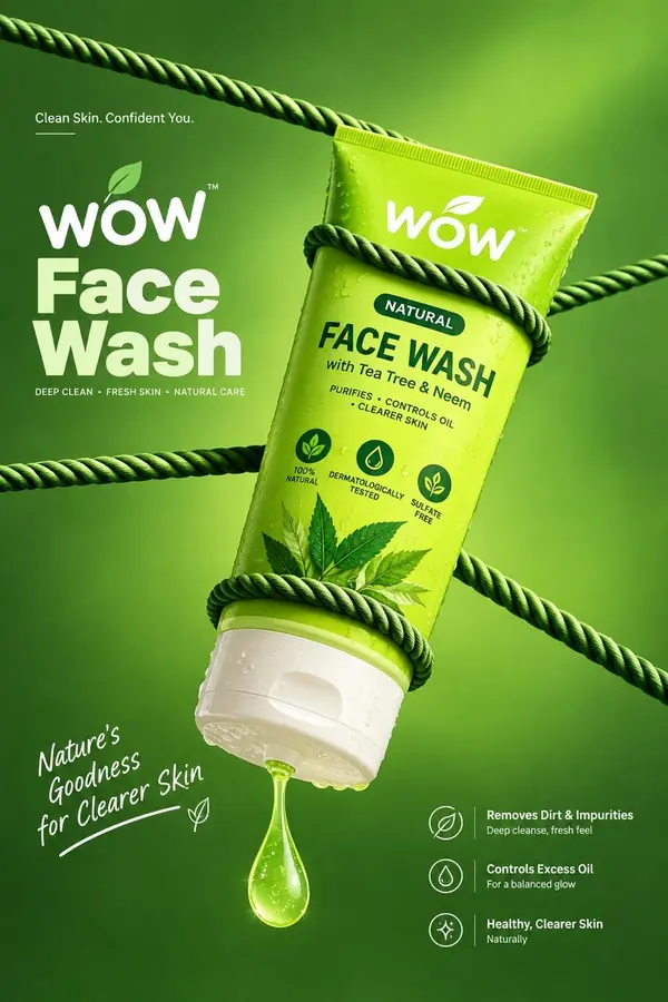 Tea tree and neem face wash ad: a lime-green tube tied with rope on a rich green background with a falling drop.
